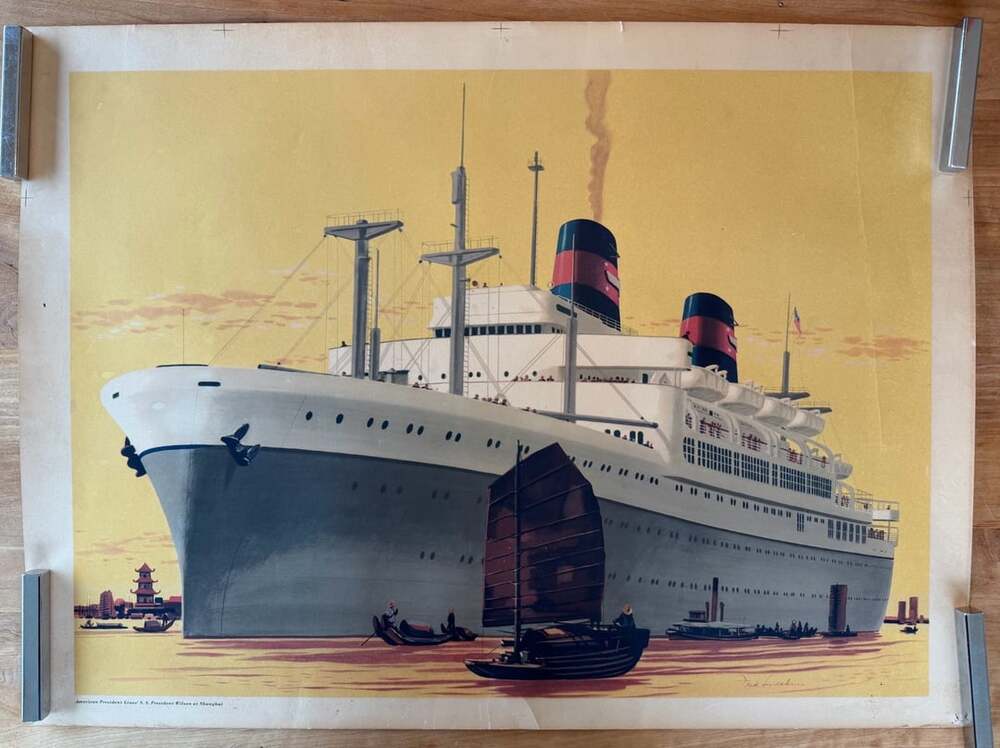 American President Lines S.S. President Wilson at Shanghai Vintage Travel Poster